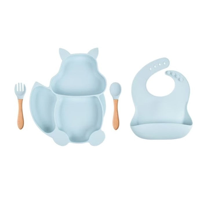 Set 10 piese diversificare bebelusi si copii din silicon Flippy, baveta, farfurie compartimentata cu ventuza, bol cu ventuza, tacamuri din lemn si silicon, cana pentru gustari, fara alergeni, baby blue-3