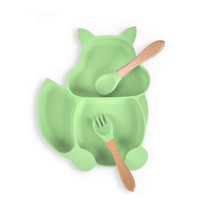 Set 10 piese diversificare bebelusi si copii din silicon Flippy, baveta, farfurie compartimentata cu ventuza, bol cu ventuza, tacamuri din lemn si silicon, cana pentru gustari, fara alergeni, verde-4