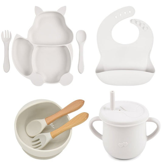 Set 10 piese diversificare bebelusi si copii din silicon Flippy, baveta, farfurie compartimentata cu ventuza, bol cu ventuza, tacamuri din lemn si silicon, cana pentru gustari, fara alergeni, alb-1