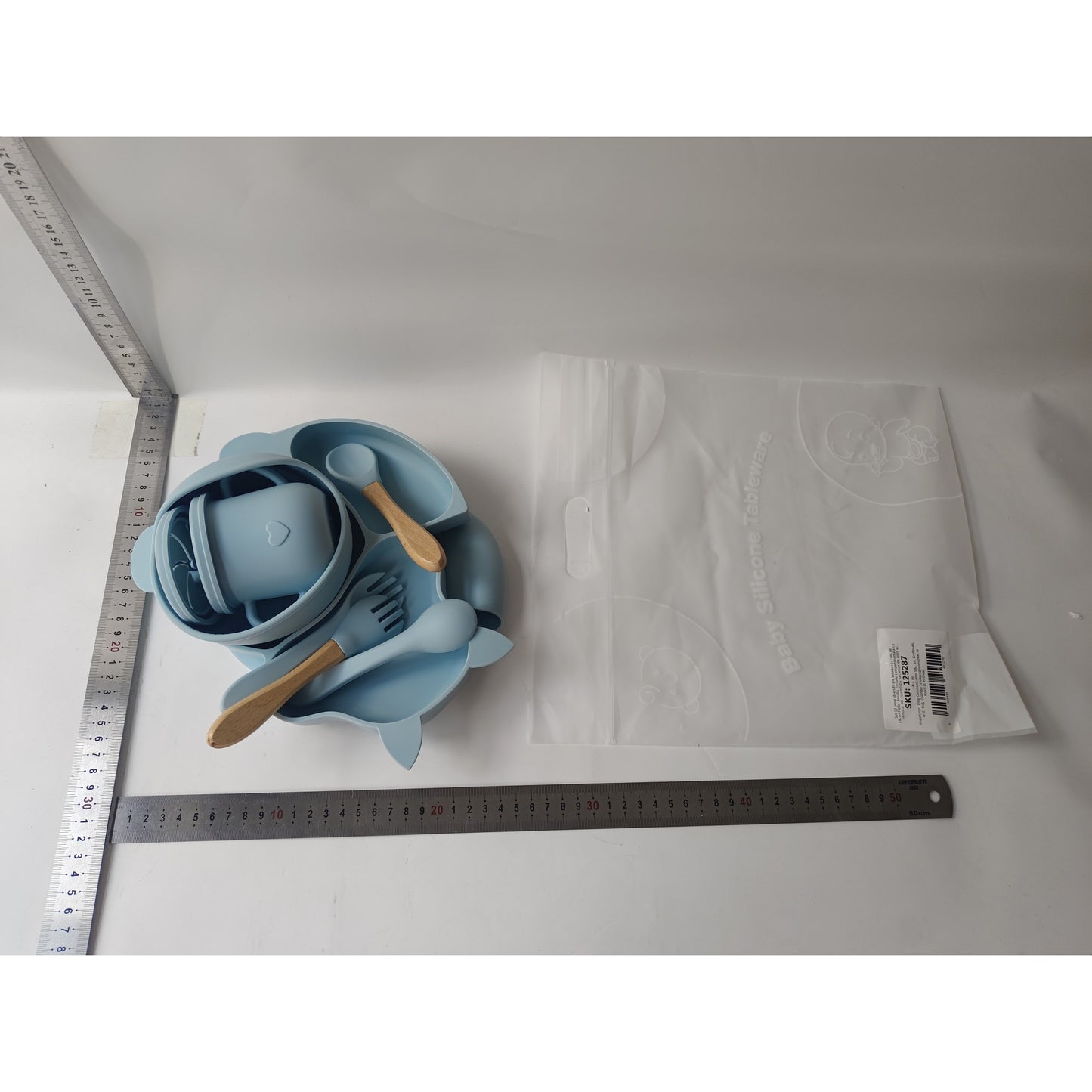 Set 10 piese diversificare bebelusi si copii din silicon Flippy, baveta, farfurie compartimentata cu ventuza, bol cu ventuza, tacamuri din lemn si silicon, cana pentru gustari, fara alergeni, baby blue-4
