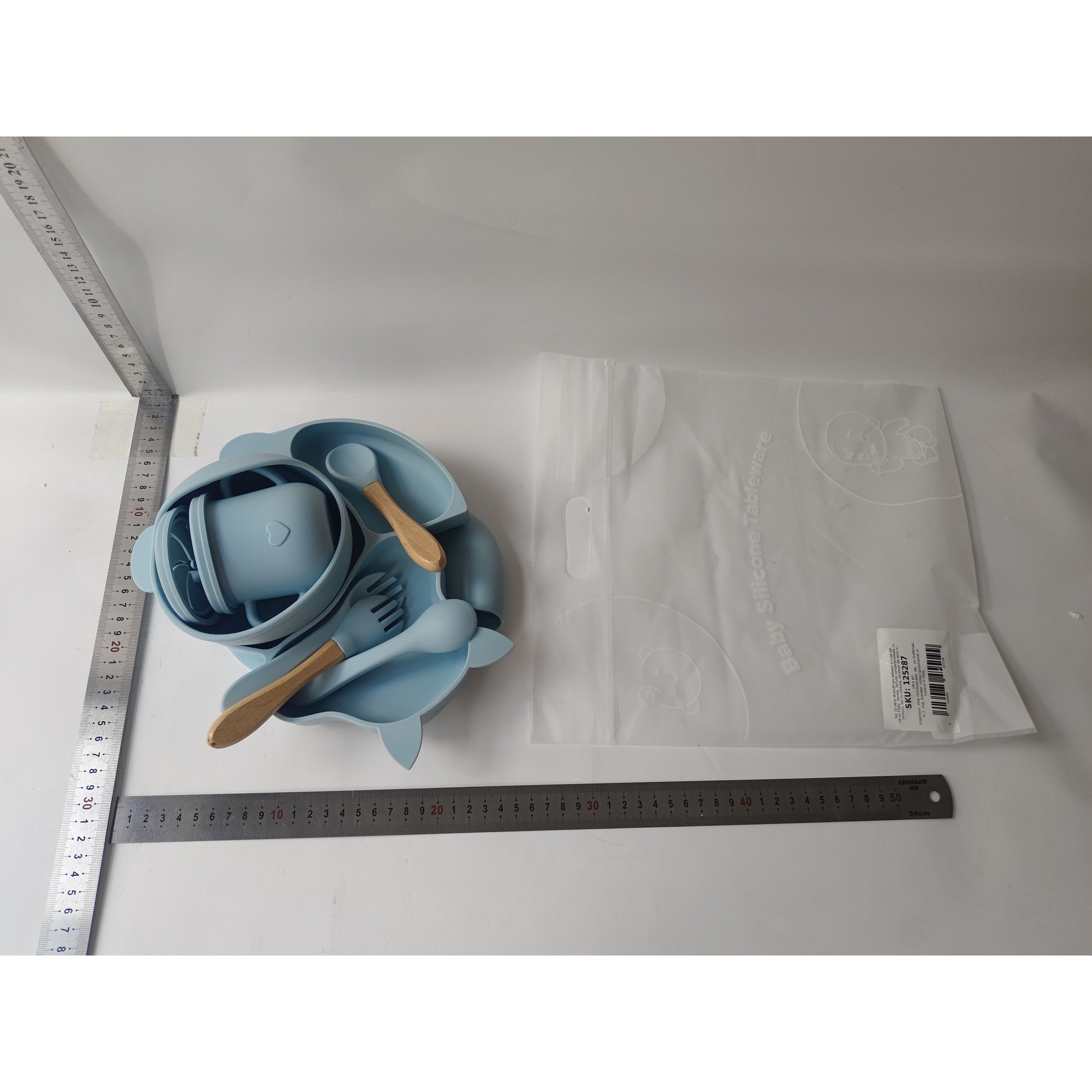 Set 10 piese diversificare bebelusi si copii din silicon Flippy, baveta, farfurie compartimentata cu ventuza, bol cu ventuza, tacamuri din lemn si silicon, cana pentru gustari, fara alergeni, baby blue-4