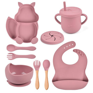 Set 10 piese diversificare bebelusi si copii din silicon Flippy, baveta, farfurie compartimentata cu ventuza, bol cu ventuza, tacamuri din lemn si silicon, cana pentru gustari, fara alergeni, roz pudrat-0