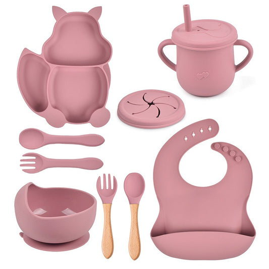 Set 10 piese diversificare bebelusi si copii din silicon Flippy, baveta, farfurie compartimentata cu ventuza, bol cu ventuza, tacamuri din lemn si silicon, cana pentru gustari, fara alergeni, roz pudrat-0