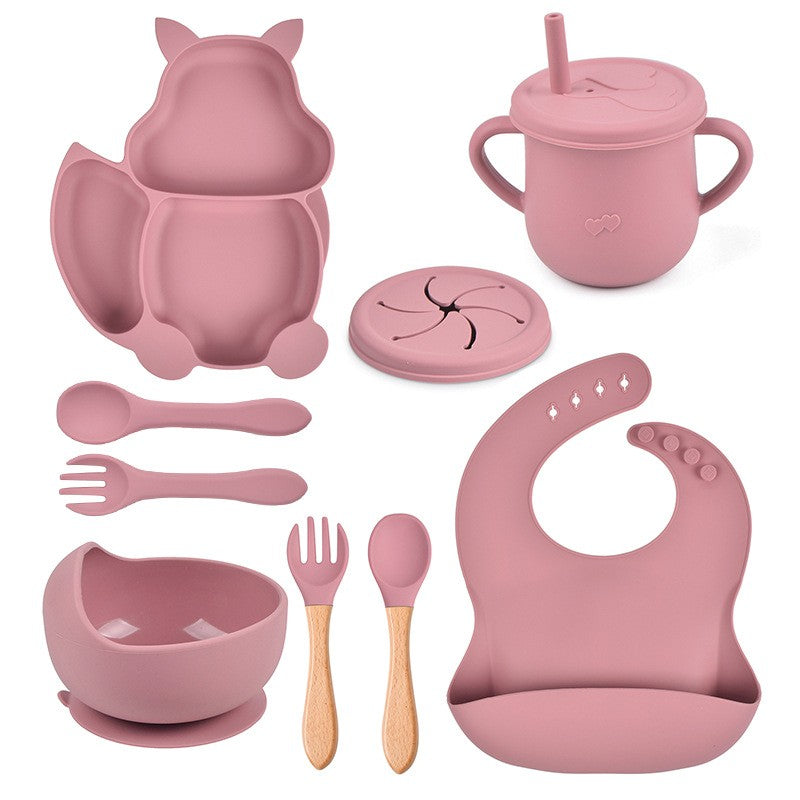 Set 10 piese diversificare bebelusi si copii din silicon Flippy, baveta, farfurie compartimentata cu ventuza, bol cu ventuza, tacamuri din lemn si silicon, cana pentru gustari, fara alergeni, roz pudrat-0