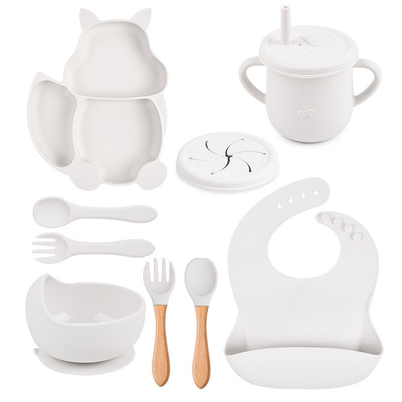 Set 10 piese diversificare bebelusi si copii din silicon Flippy, baveta, farfurie compartimentata cu ventuza, bol cu ventuza, tacamuri din lemn si silicon, cana pentru gustari, fara alergeni, alb-0