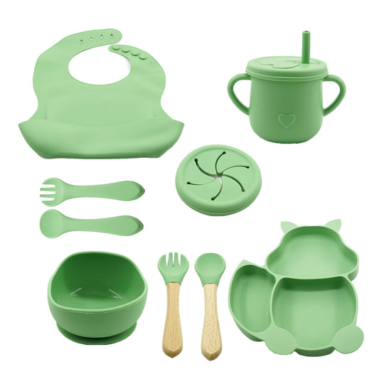 Set 10 piese diversificare bebelusi si copii din silicon Flippy, baveta, farfurie compartimentata cu ventuza, bol cu ventuza, tacamuri din lemn si silicon, cana pentru gustari, fara alergeni, verde-0