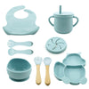 Set 10 piese diversificare bebelusi si copii din silicon Flippy, baveta, farfurie compartimentata cu ventuza, bol cu ventuza, tacamuri din lemn si silicon, cana pentru gustari, fara alergeni, baby blue-0