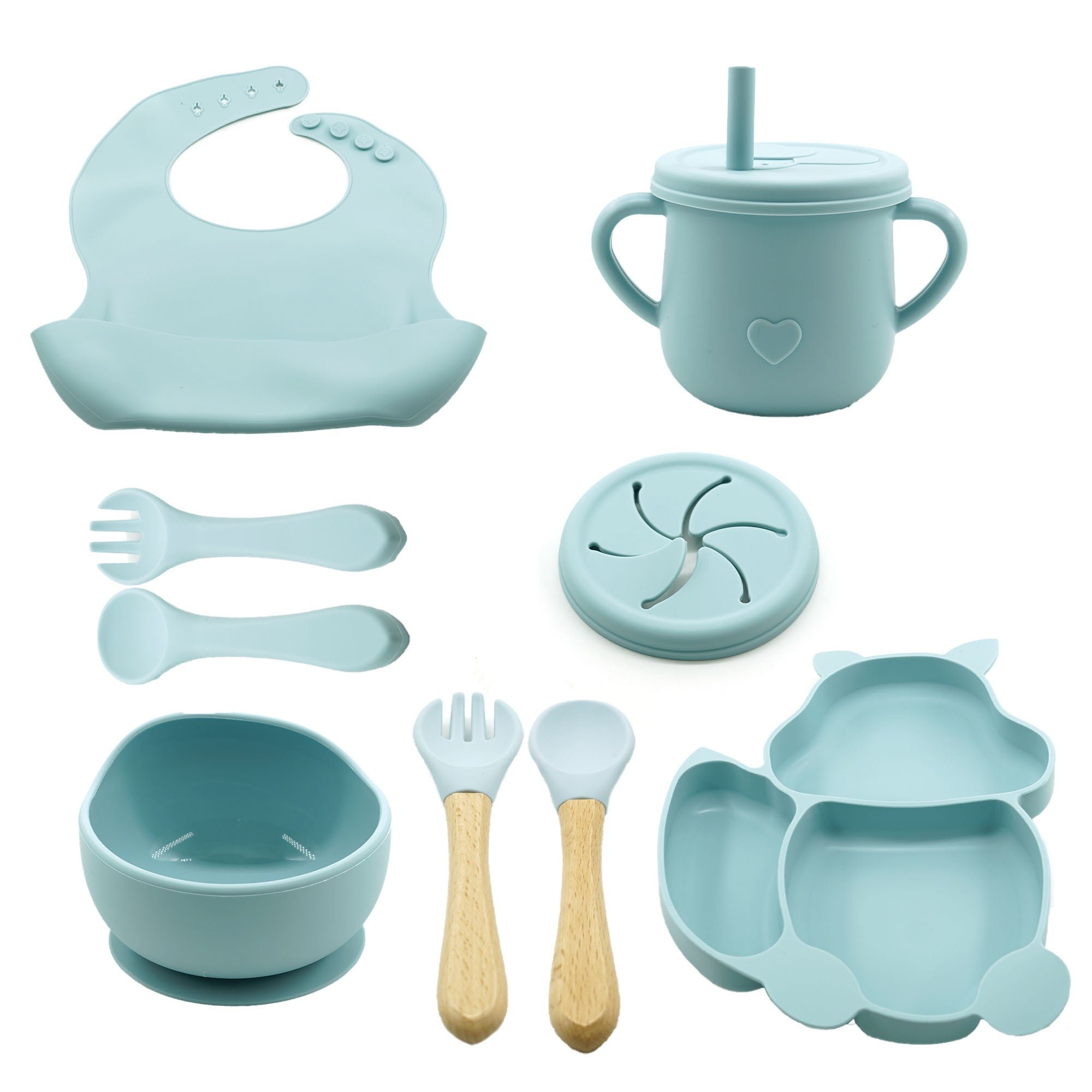 Set 10 piese diversificare bebelusi si copii din silicon Flippy, baveta, farfurie compartimentata cu ventuza, bol cu ventuza, tacamuri din lemn si silicon, cana pentru gustari, fara alergeni, baby blue-0