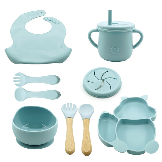 Set 10 piese diversificare bebelusi si copii din silicon Flippy, baveta, farfurie compartimentata cu ventuza, bol cu ventuza, tacamuri din lemn si silicon, cana pentru gustari, fara alergeni, baby blue-0