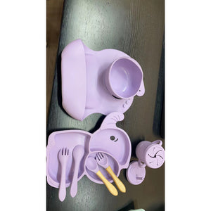 Set 10 Piese Diversificare Bebelusi si Copii din Silicon Flippy, Baveta, Farfurie Compartimentata cu Ventuza, Bol cu Ventuza, Tacamuri din Lemn si Silicon, cana pentru gustari, fara Alergeni, Model Elefant Mov-0