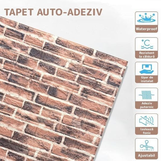 Set 10 Placi Tapet 3D, Flippy, 70 x 77 cm, Grosime 3 mm, din Polietilena, Model Caramida, Suprafata acoperita 5.3 mp, Caramida Rosie-1