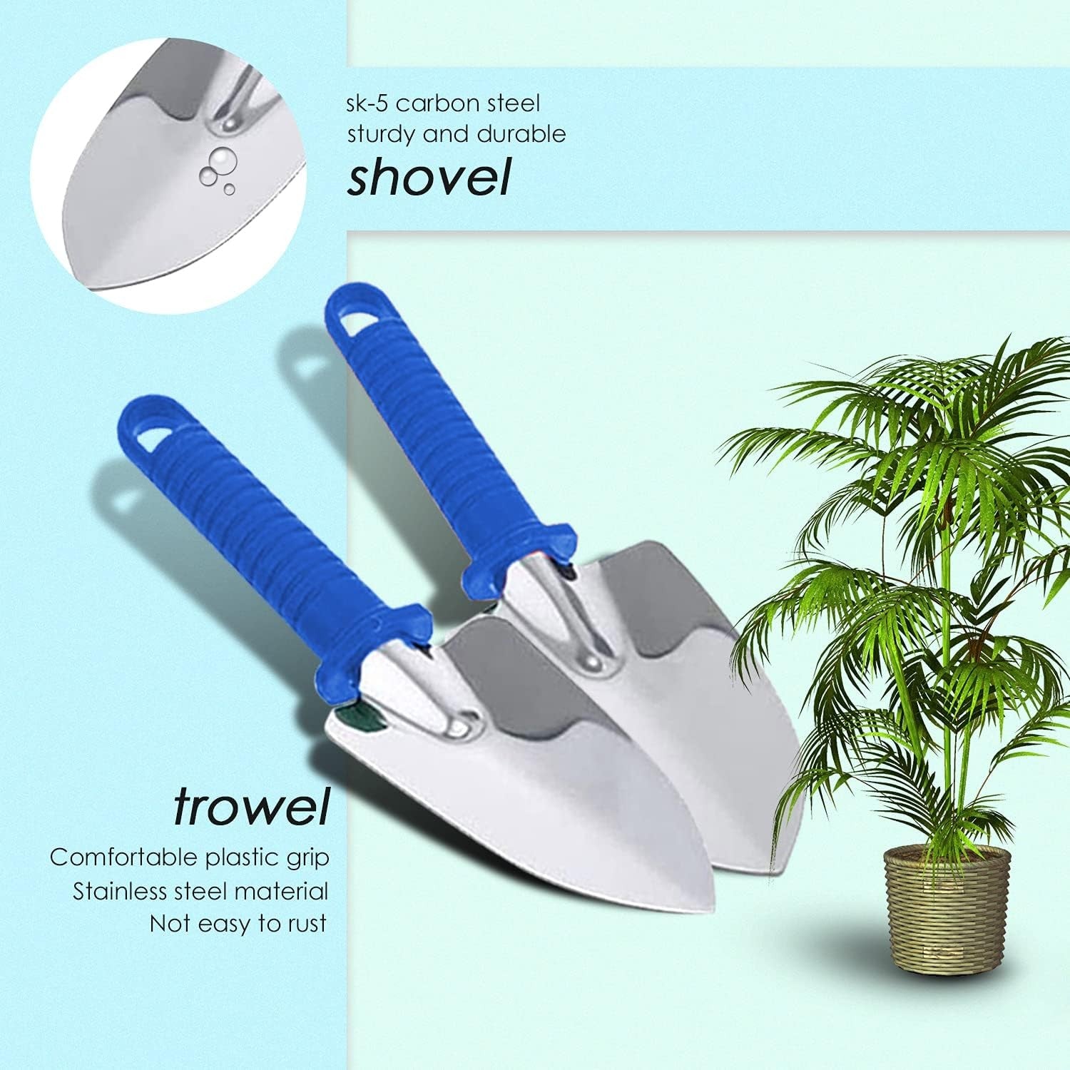 Set 10 Unelte de Gradina, Flippy, pentru Plantare Prelucrare Sol si Ingrijire Plante, Manere Albastre, Material PVC si Otel Inoxidabil, Cutie Inclusa, 37x28x7 cm, Negru-4
