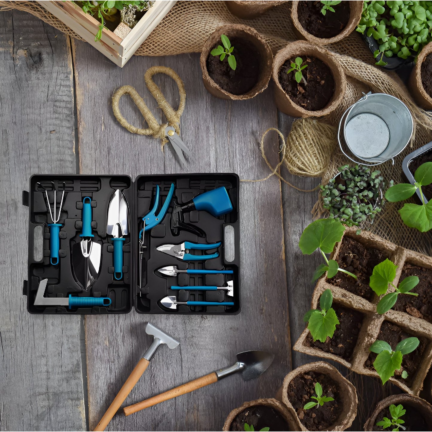 Set 10 Unelte de Gradina, Flippy, pentru Plantare Prelucrare Sol si Ingrijire Plante, Manere Albastre, Material PVC si Otel Inoxidabil, Cutie Inclusa, 37x28x7 cm, Negru-7