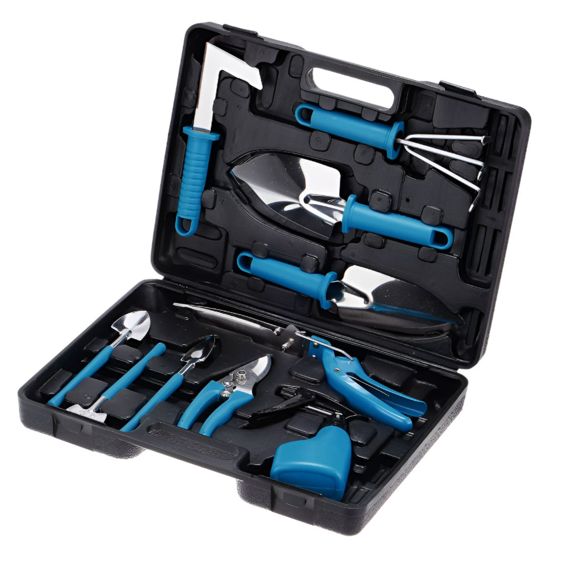 Set 10 Unelte de Gradina, Flippy, pentru Plantare Prelucrare Sol si Ingrijire Plante, Manere Albastre, Material PVC si Otel Inoxidabil, Cutie Inclusa, 37x28x7 cm, Negru-0