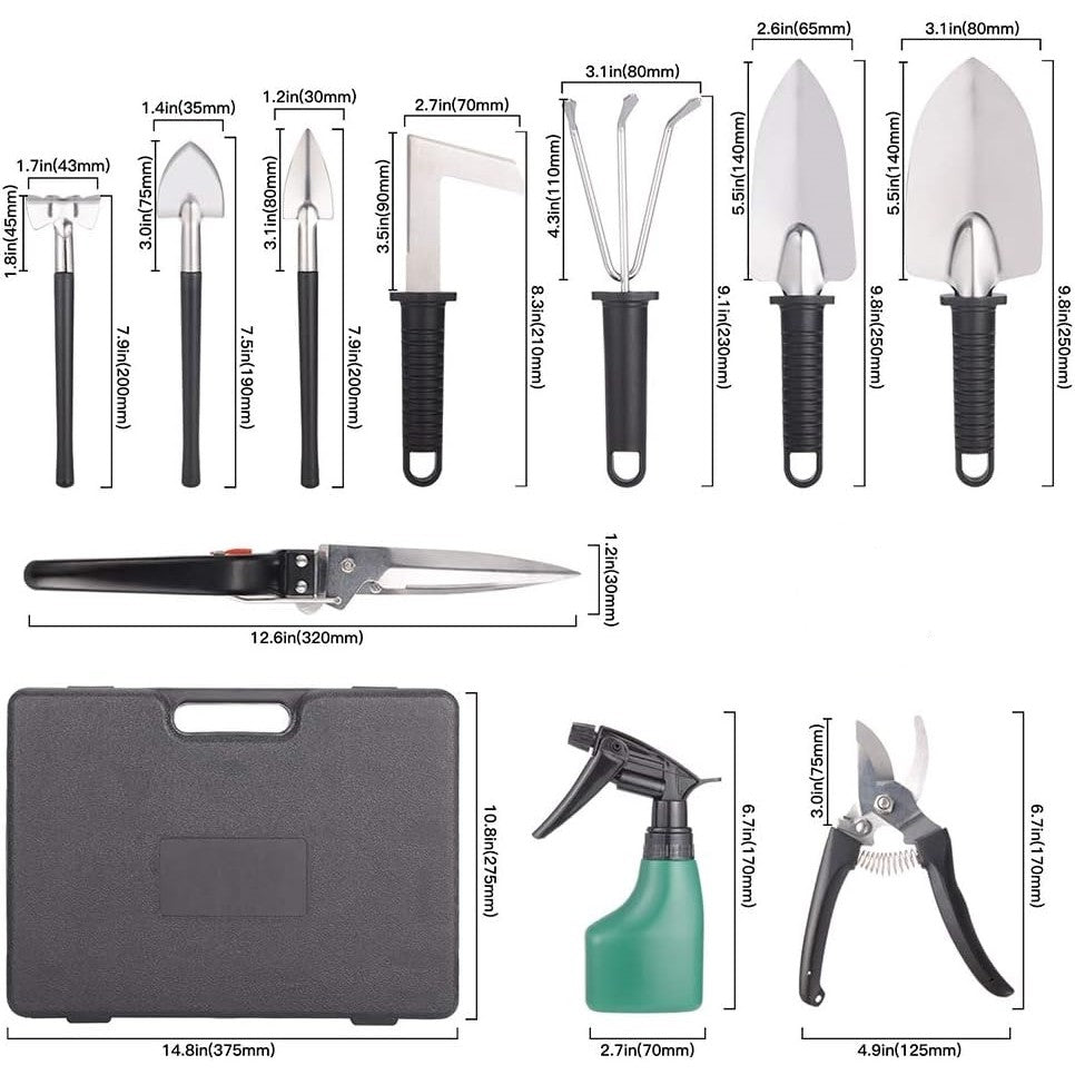 Set 10 Unelte de Gradina, Flippy, pentru Plantare Prelucrare Sol si Ingrijire Plante, Manere Negre, Material PVC si Otel Inoxidabil, Cutie Inclusa, 37x28x7 cm, Negru-1