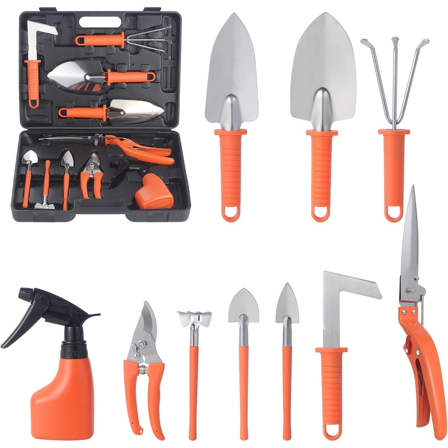 Set 10 Unelte de Gradina, Flippy, pentru Plantare Prelucrare Sol si Ingrijire Plante, Manere Portocalii, Material PVC si Otel Inoxidabil, Cutie Inclusa, 37x28x7 cm, Negru-1