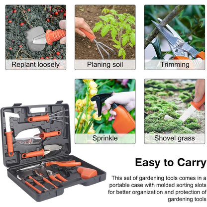 Set 10 Unelte de Gradina, Flippy, pentru Plantare Prelucrare Sol si Ingrijire Plante, Manere Portocalii, Material PVC si Otel Inoxidabil, Cutie Inclusa, 37x28x7 cm, Negru-2