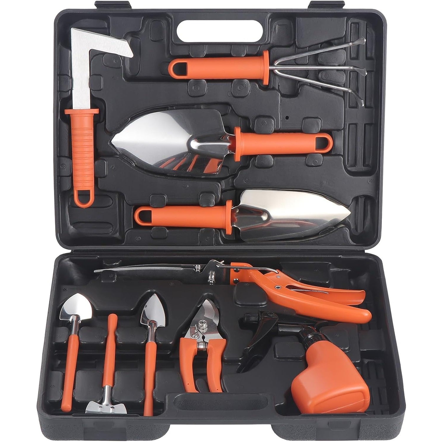 Set 10 Unelte de Gradina, Flippy, pentru Plantare Prelucrare Sol si Ingrijire Plante, Manere Portocalii, Material PVC si Otel Inoxidabil, Cutie Inclusa, 37x28x7 cm, Negru-0
