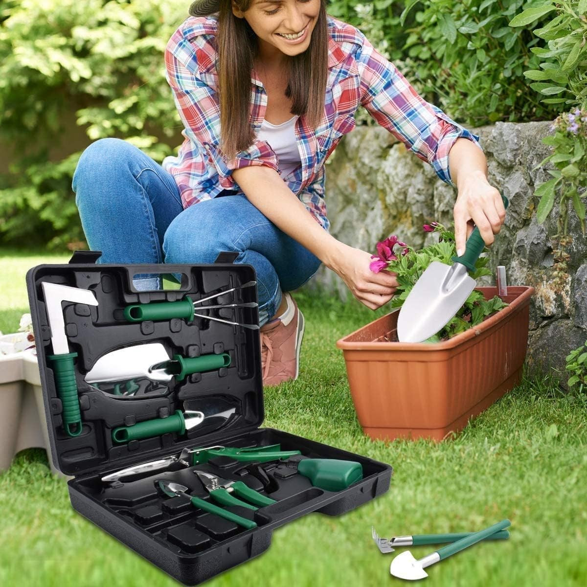 Set 10 Unelte de Gradina, Flippy, pentru Plantare Prelucrare Sol si Ingrijire Plante, Manere Verzi, Material PVC si Otel Inoxidabil, Cutie Inclusa, 37x28x7 cm, Negru-1