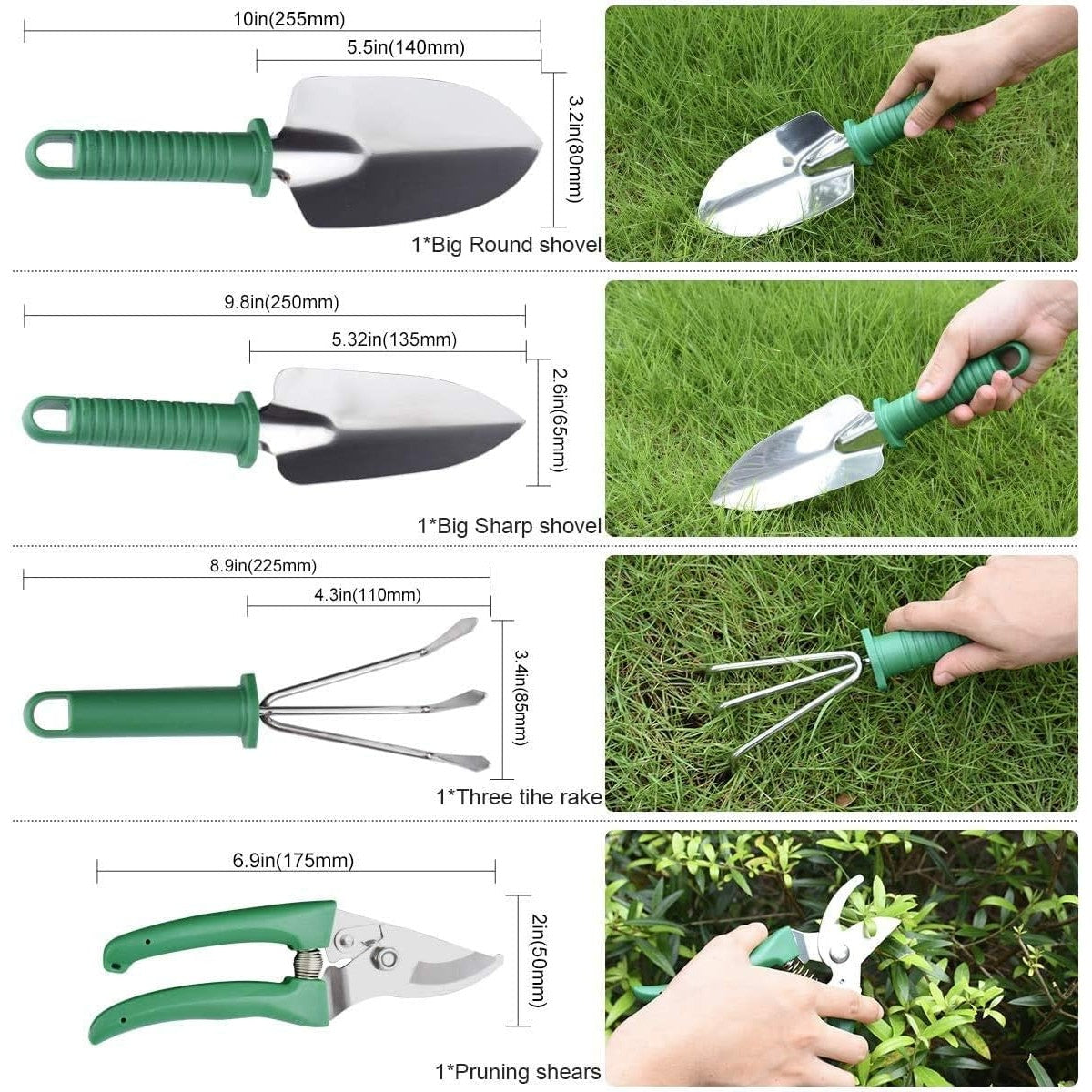 Set 10 Unelte de Gradina, Flippy, pentru Plantare Prelucrare Sol si Ingrijire Plante, Manere Verzi, Material PVC si Otel Inoxidabil, Cutie Inclusa, 37x28x7 cm, Negru-2