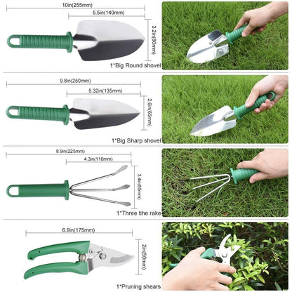 Set 10 Unelte de Gradina, Flippy, pentru Plantare Prelucrare Sol si Ingrijire Plante, Manere Verzi, Material PVC si Otel Inoxidabil, Cutie Inclusa, 37x28x7 cm, Negru-2