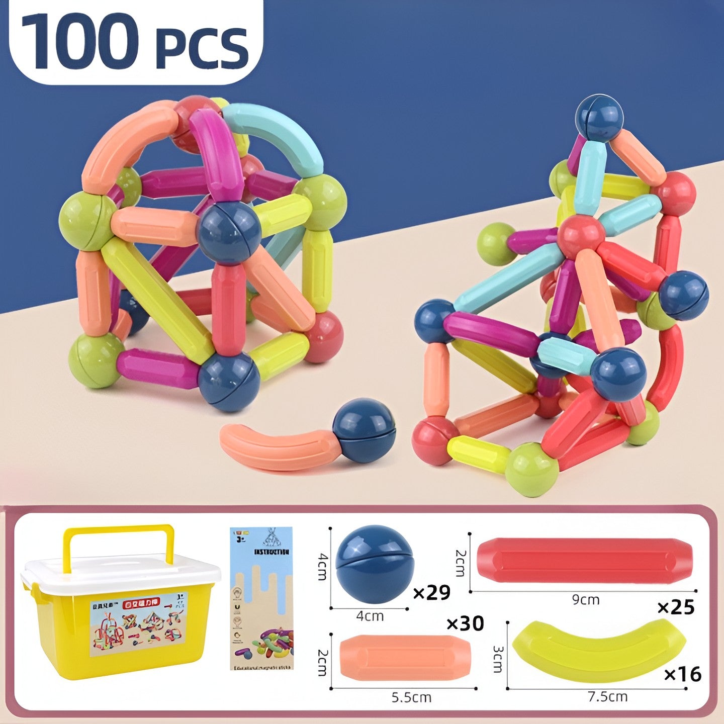 Set 100 Piese Magnetice de Constructie, Flippy, Magnetic Sticks, Bastonase si Bile, 3 Ani, ABS, Magnet, 24 x 18.5 x 14 cm, Multicolor-4