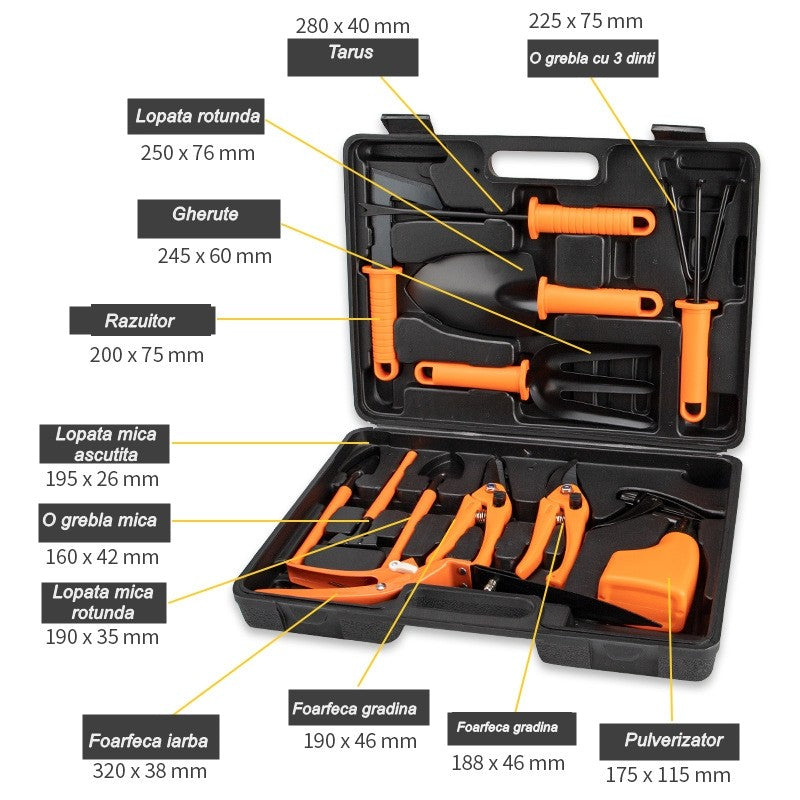 Set 12 accesorii pentru gradinarit Flippy, geanta depozitare inclusa, otel inoxidabil, 37 x 27 cm, portocaliu-1