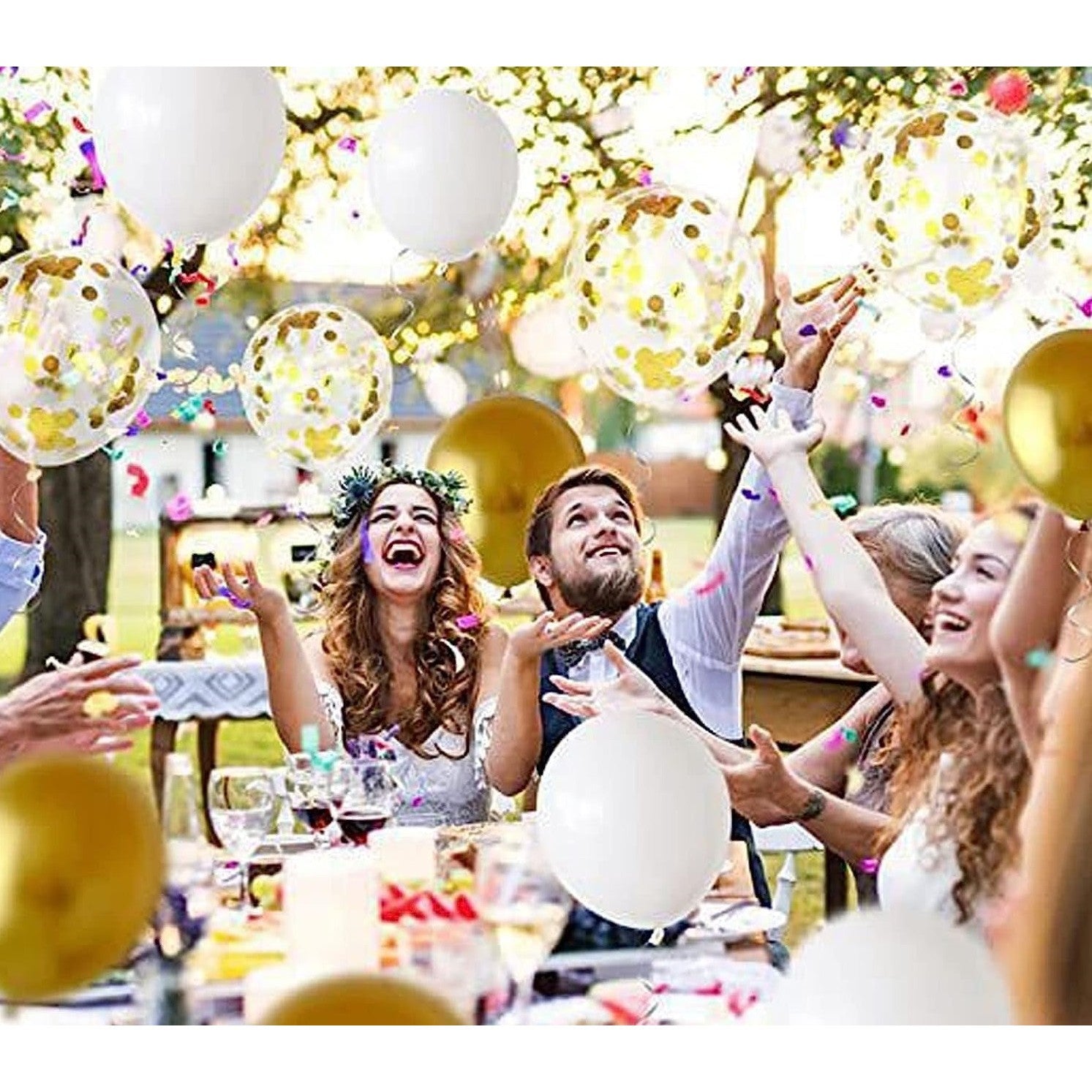 Set 12 Baloane din Folie Metalizata si din Latex, Flippy, Model Mr Mrs, Tema Nunta, Baloane Party cu Confetti, 45 cm, 30 cm, Pai inclus, Umflare cu Aer sau Heliu, Alb/Auriu-1