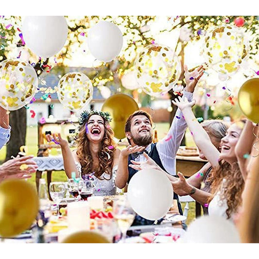 Set 12 Baloane din Folie Metalizata si din Latex, Flippy, Model Mr Mrs, Tema Nunta, Baloane Party cu Confetti, 45 cm, 30 cm, Pai inclus, Umflare cu Aer sau Heliu, Alb/Auriu-1