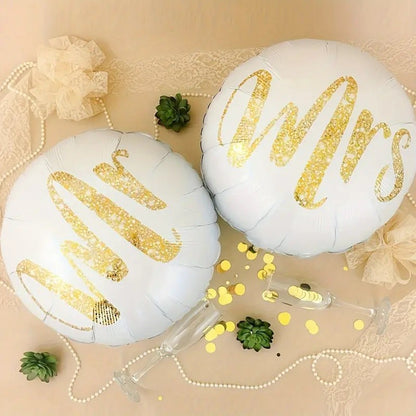 Set 12 Baloane din Folie Metalizata si din Latex, Flippy, Model Mr Mrs, Tema Nunta, Baloane Party cu Confetti, 45 cm, 30 cm, Pai inclus, Umflare cu Aer sau Heliu, Alb/Auriu-2