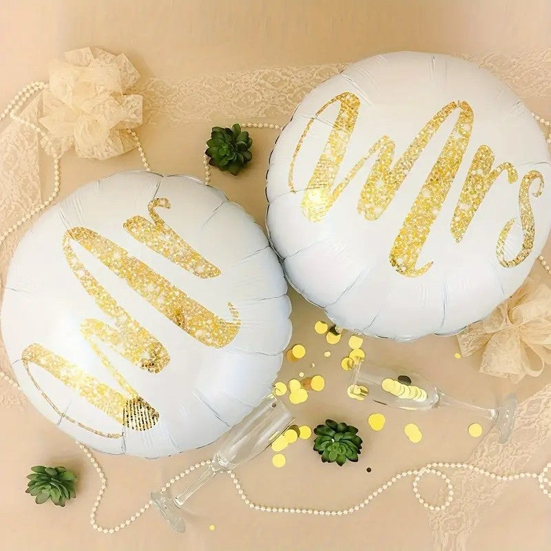 Set 12 Baloane din Folie Metalizata si din Latex, Flippy, Model Mr Mrs, Tema Nunta, Baloane Party cu Confetti, 45 cm, 30 cm, Pai inclus, Umflare cu Aer sau Heliu, Alb/Auriu-2