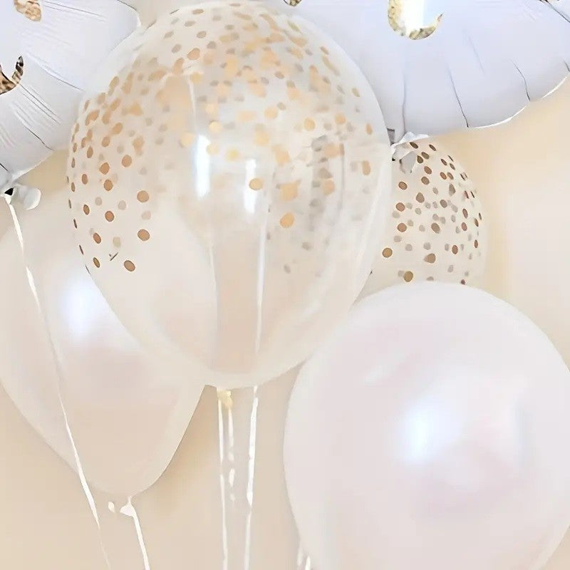 Set 12 Baloane din Folie Metalizata si din Latex, Flippy, Model Mr Mrs, Tema Nunta, Baloane Party cu Confetti, 45 cm, 30 cm, Pai inclus, Umflare cu Aer sau Heliu, Alb/Auriu-3