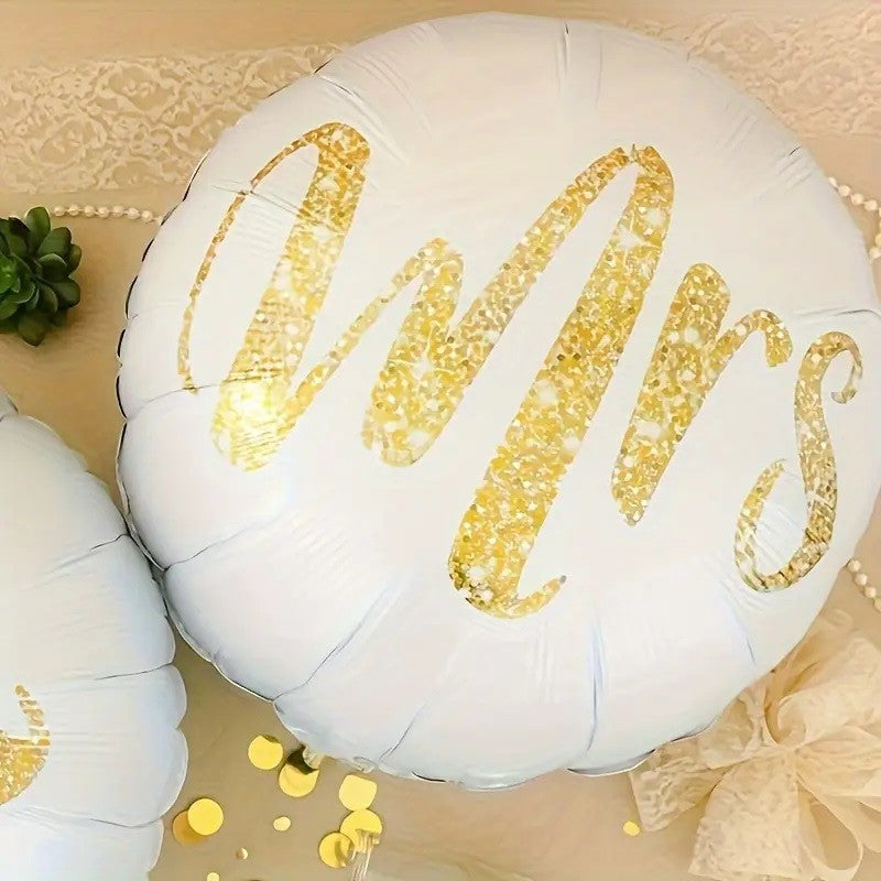 Set 12 Baloane din Folie Metalizata si din Latex, Flippy, Model Mr Mrs, Tema Nunta, Baloane Party cu Confetti, 45 cm, 30 cm, Pai inclus, Umflare cu Aer sau Heliu, Alb/Auriu-4