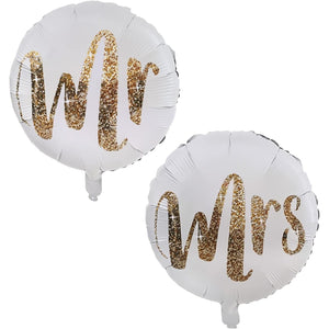 Set 12 Baloane din Folie Metalizata si din Latex, Flippy, Model Mr Mrs, Tema Nunta, Baloane Party cu Confetti, 45 cm, 30 cm, Pai inclus, Umflare cu Aer sau Heliu, Alb/Auriu-0