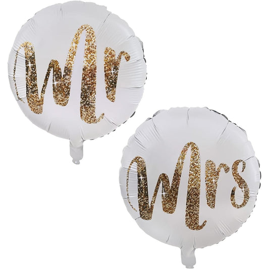 Set 12 Baloane din Folie Metalizata si din Latex, Flippy, Model Mr Mrs, Tema Nunta, Baloane Party cu Confetti, 45 cm, 30 cm, Pai inclus, Umflare cu Aer sau Heliu, Alb/Auriu-0