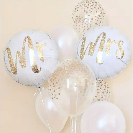 Set 12 Baloane din Folie Metalizata si din Latex, Flippy, Model Mr Mrs, Tema Nunta, Baloane Party cu Confetti, 45 cm, 30 cm, Pai inclus, Umflare cu Aer sau Heliu, Alb/Auriu-9