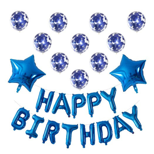 Set 12 Baloane si 1 Set Happy Birthday, 30 -45 cm, Cu paiete, latex si folie, Albastru-0