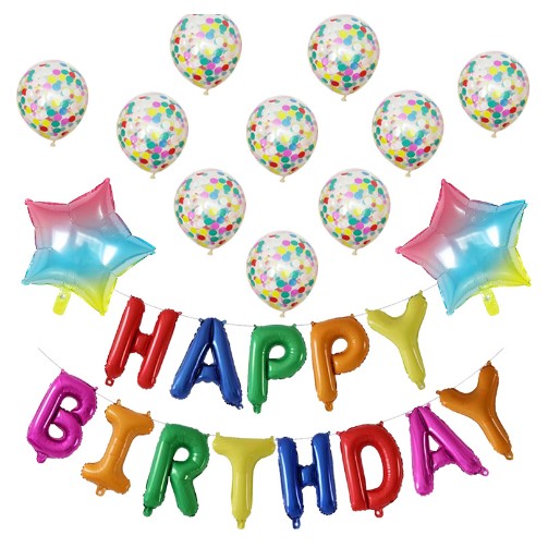 Set 12 Baloane si 1 Set Happy Birthday, 30 -45 cm, Cu paiete, latex si folie, Multicolor-0