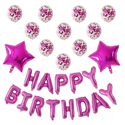 Set 12 Baloane si 1 Set Happy Birthday, 30 -45 cm, Cu paiete, latex si folie, Roz-0