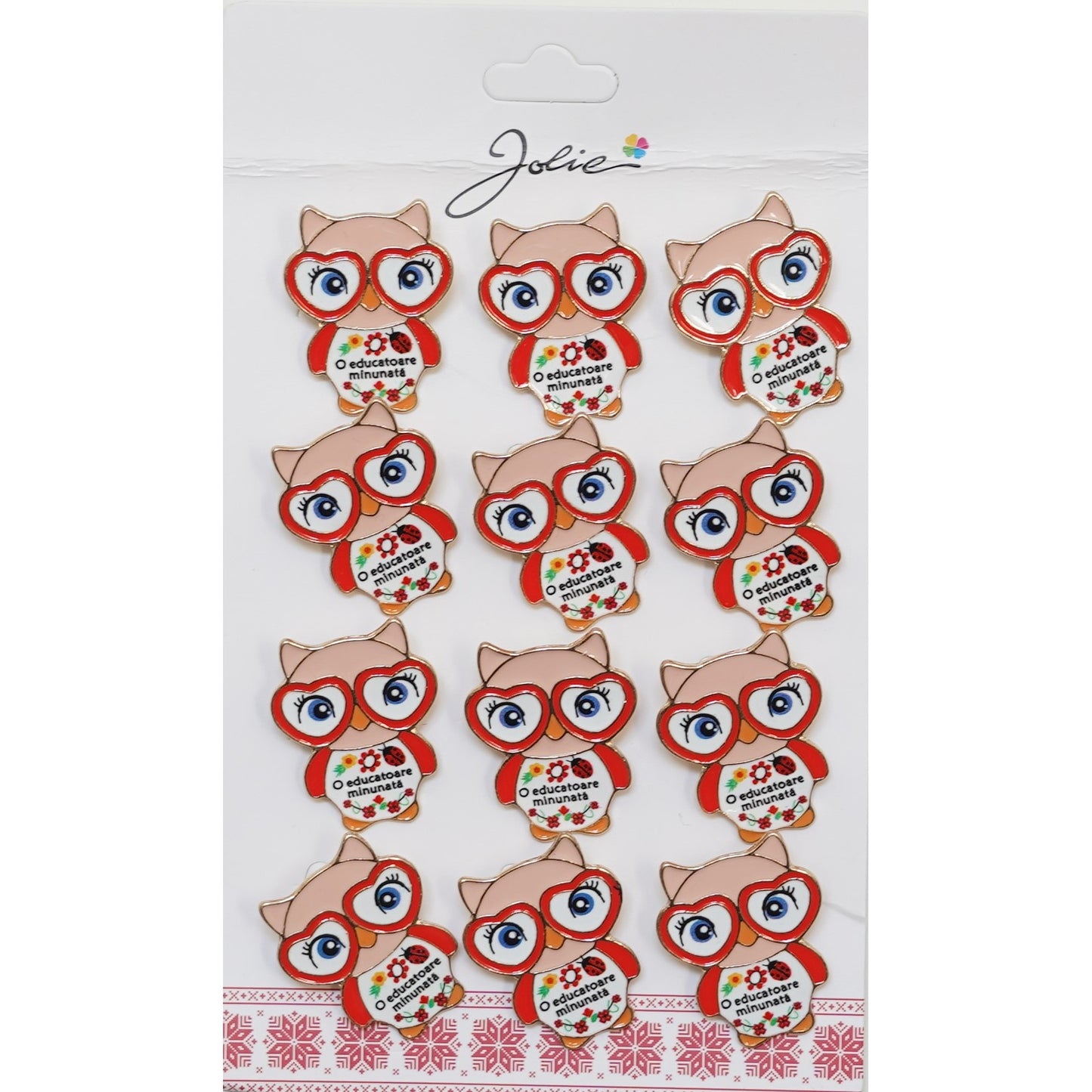Set 12 Brose Martisor Primavara Bufnita cu Mesaj O Educatoare Minunata-0