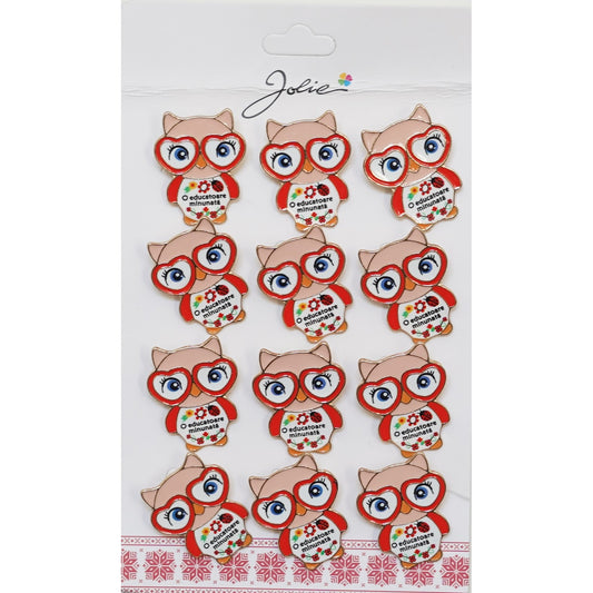 Set 12 Brose Martisor Primavara Bufnita cu Mesaj O Educatoare Minunata-0
