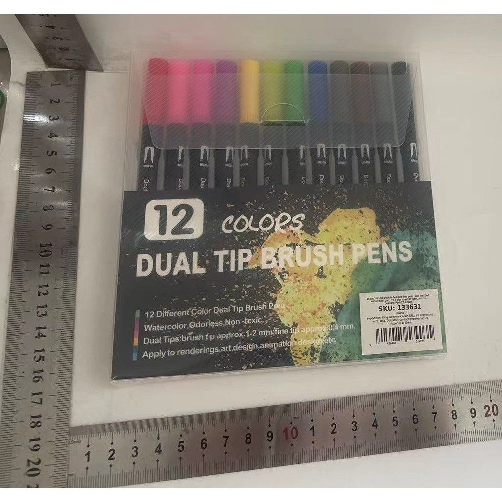 Set 12 Carioci, Flippy, pe Baza de Apa, 2 Tipuri de Varf, 1-2 mm, 0.4 mm, Corp Carioca Negru, din Plastic, Multicolor-5