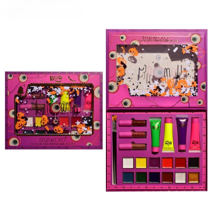 Set Produse de Pictat Fata, KEVIN & COCO, Halloween, 12 culori, 3 Rujuri, 4 Tuburi Vopsea, 25.5 x 20.5 x 2.6 cm, Multicolor-0