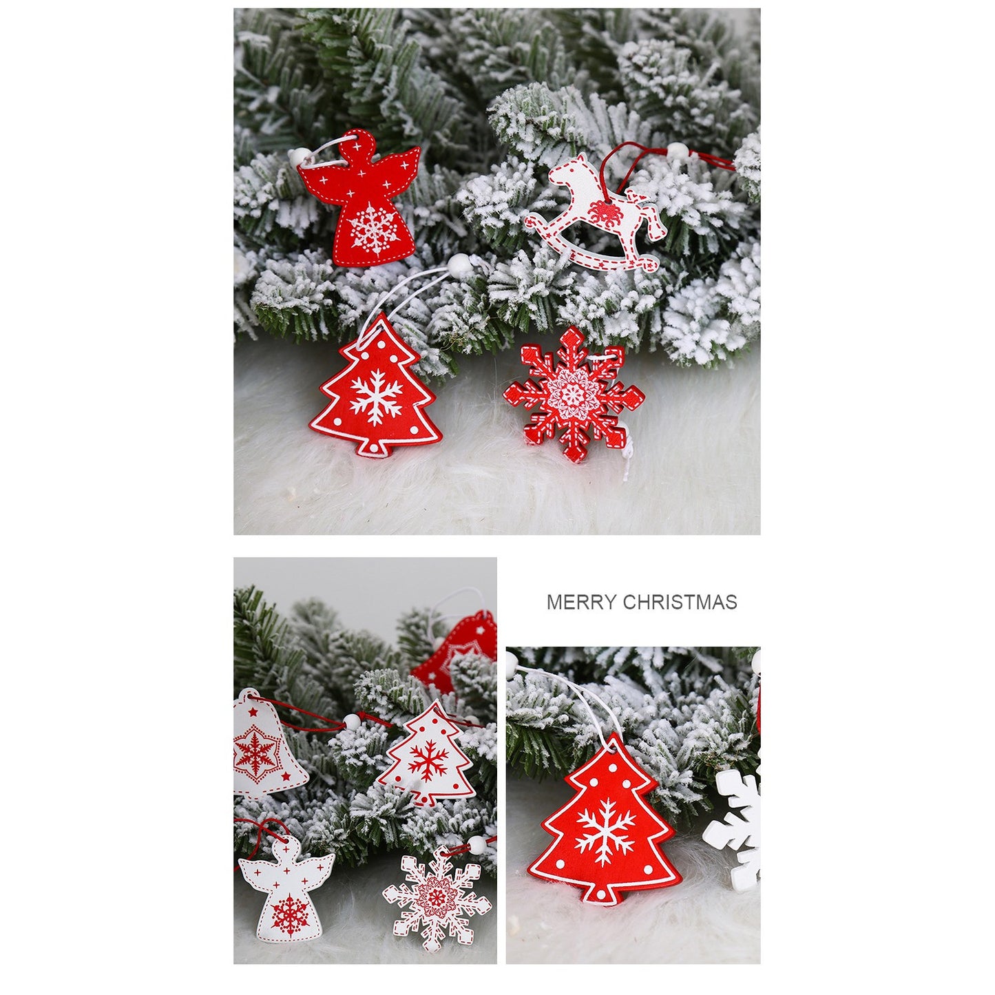 Set 12 Decoratiuni de Craciun din Lemn, Flippy, cu Snur pentru Agatare in Brad, Model Brazi si Fulgi de Nea, Alb-Rosu-1