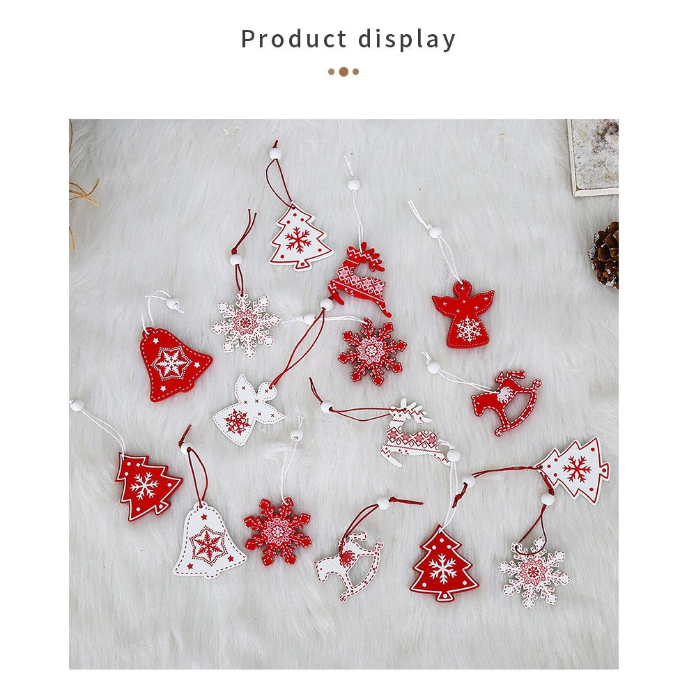 Set 12 Decoratiuni de Craciun din Lemn, Flippy, cu Snur pentru Agatare in Brad, Model Brazi si Fulgi de Nea, Alb-Rosu-2