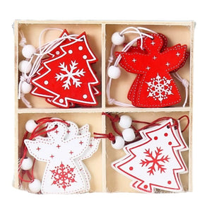 Set 12 Decoratiuni de Craciun din Lemn, Flippy, cu Snur pentru Agatare in Brad, Model Brazi si Ingerasi, Alb-Rosu-0