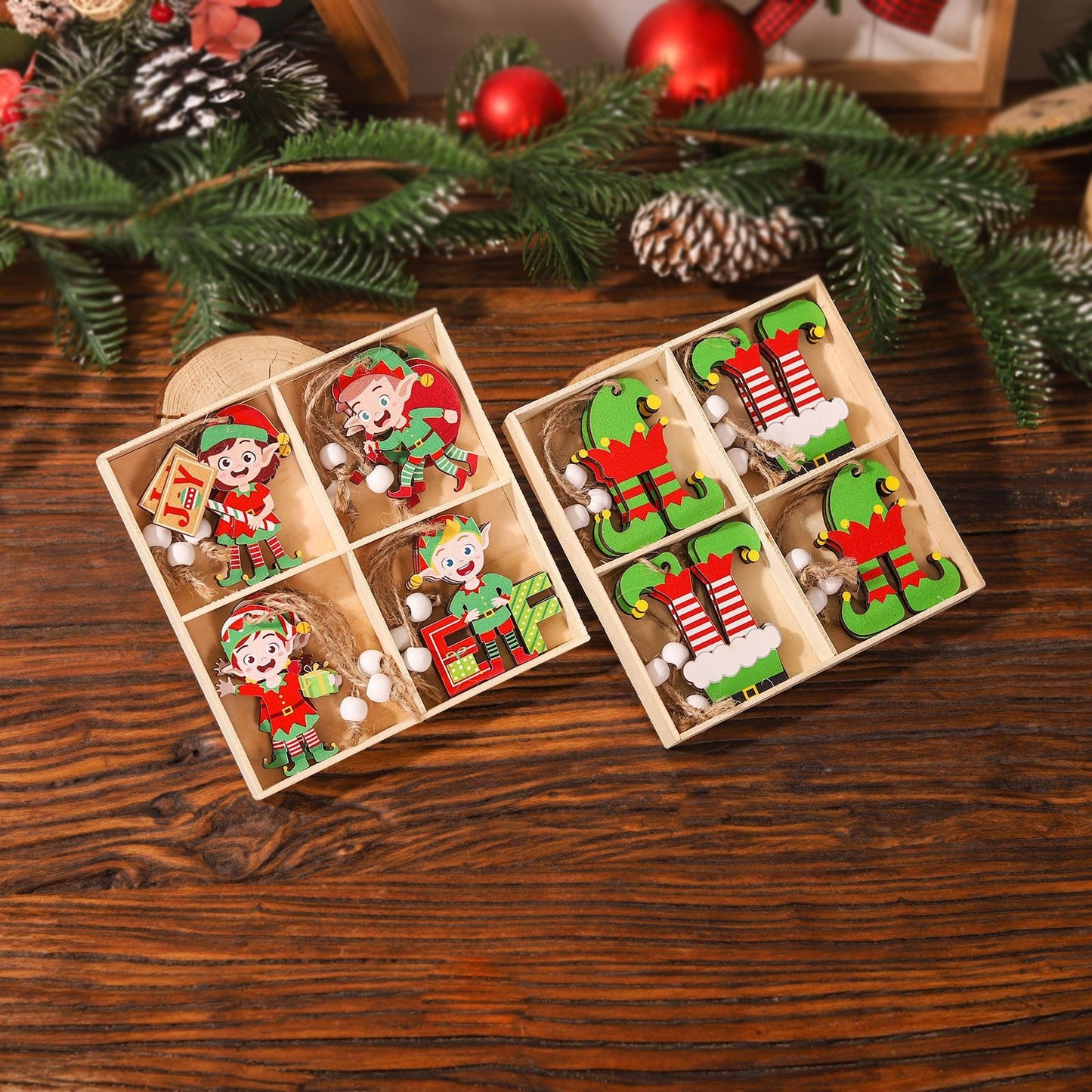 Set 12 Decoratiuni de Craciun din Lemn, Flippy, cu Snur pentru Agatare in Brad, Model Caciulite 6.3x5.2 cm si Pantaloni 6.3x6 cm, Multicolor-6