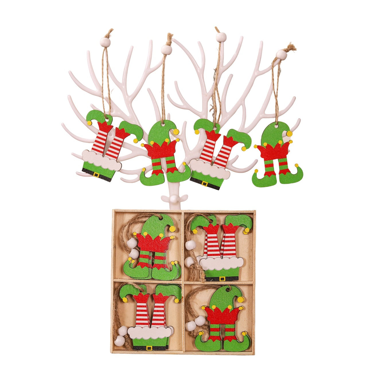Set 12 Decoratiuni de Craciun din Lemn, Flippy, cu Snur pentru Agatare in Brad, Model Caciulite 6.3x5.2 cm si Pantaloni 6.3x6 cm, Multicolor-0