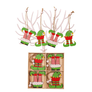 Set 12 Decoratiuni de Craciun din Lemn, Flippy, cu Snur pentru Agatare in Brad, Model Caciulite 6.3x5.2 cm si Pantaloni 6.3x6 cm, Multicolor-0