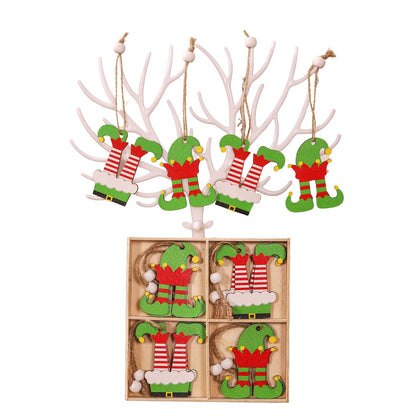 Set 12 Decoratiuni de Craciun din Lemn, Flippy, cu Snur pentru Agatare in Brad, Model Caciulite 6.3x5.2 cm si Pantaloni 6.3x6 cm, Multicolor-0